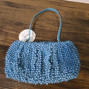 STAUD - Powder Blue Beaded Shoulder Bag with Curved Silhouette